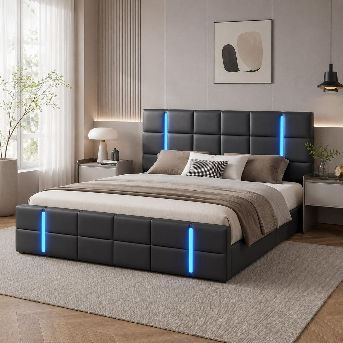 POLSTERBETT 160/200 cm mit LED-Beleuchtung, integriertem USB-Anschluss am Kopfteil und hydraulischem Stauraum-Bettkasten, Lederlook Bettgestell - Schwarz, Holz/Metall (160/200cm) - Joyfair