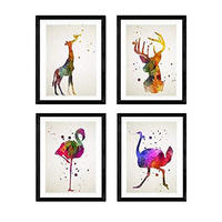 POSTER Set mit 4 Tiere Aquarell Flamingo, Giraffe, Hirsch und Strauß A4 Rahmenlos - Klar, Papier (29.7/3cm) - Nacnic