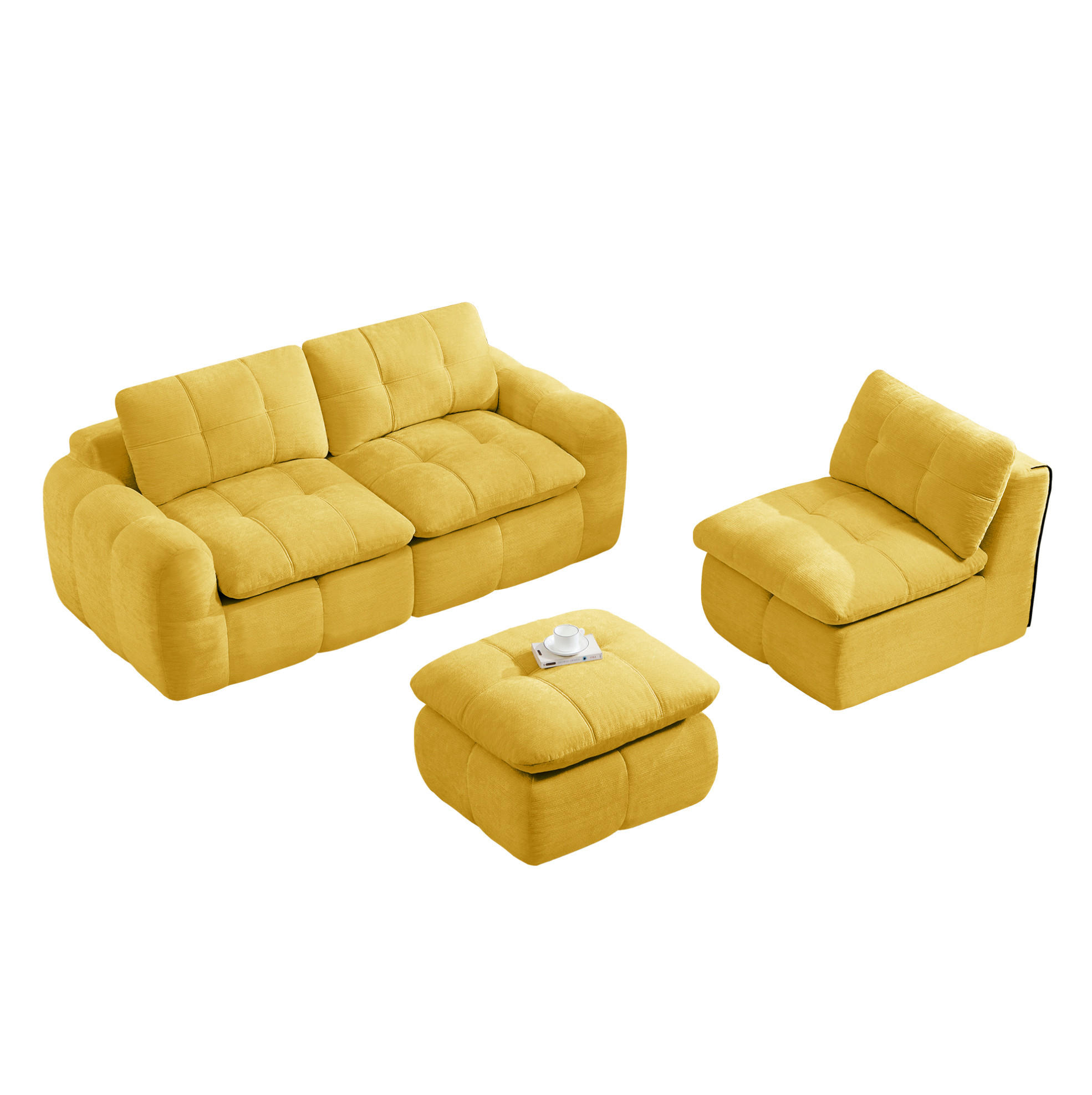 SOFA 264/160/68 cm in Gelb aus Chenille mit Ottomane, rahmenlos und flexibel - Gelb, Textil (160/68/264cm) - Flora Grace