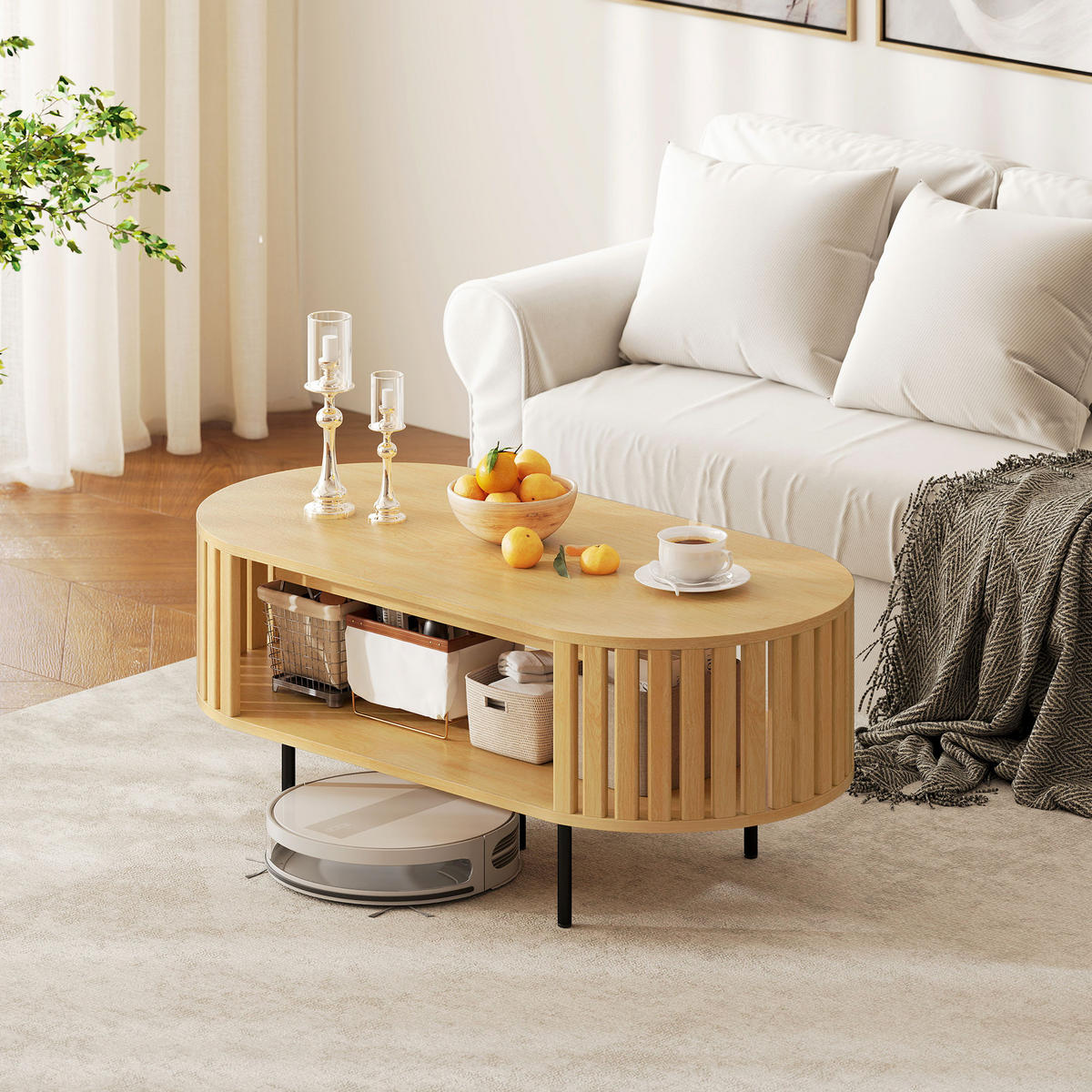 COUCHTISCH DE-15825 Lamellen-Design mit zwei Ablagen Naturholz - Naturfarben, Holzwerkstoff (100/50/40cm) - ComfortXL