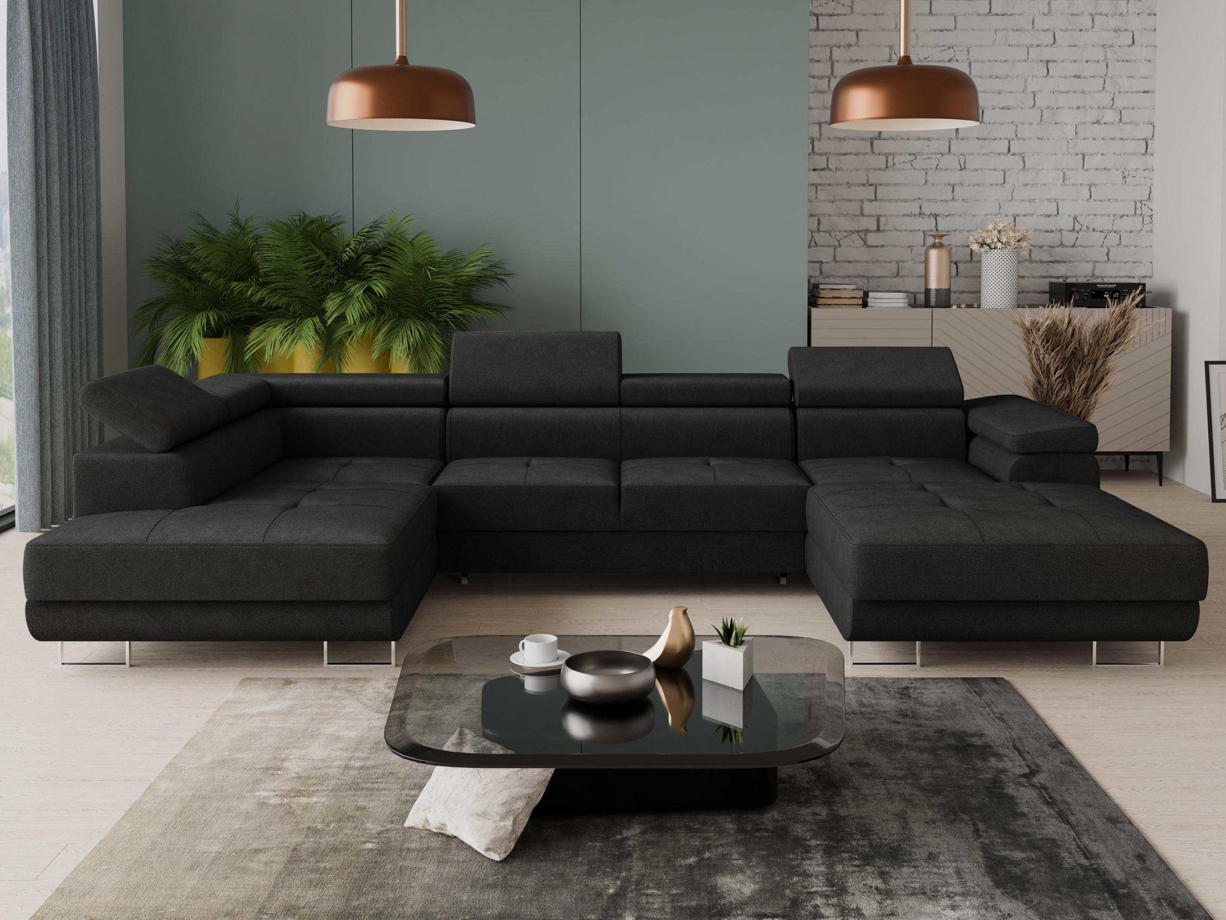 WOHNLANDSCHAFT Caris U, Seite: Rechts - Schwarz, Holz/Textil (348/90/205cm) - Sofnet