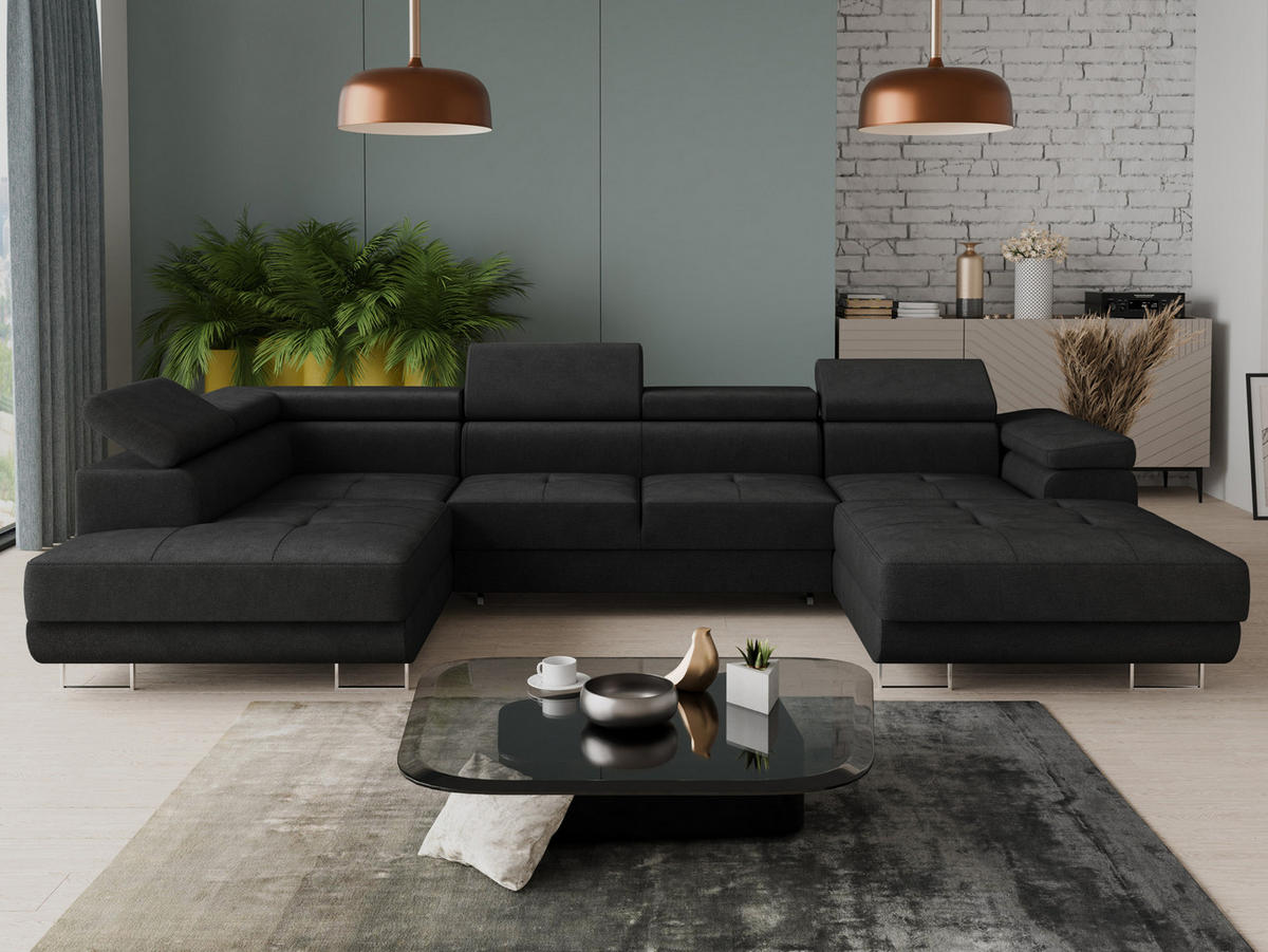 WOHNLANDSCHAFT Caris U, Seite: Rechts - Schwarz, Holz/Textil (348/90/205cm) - Sofnet