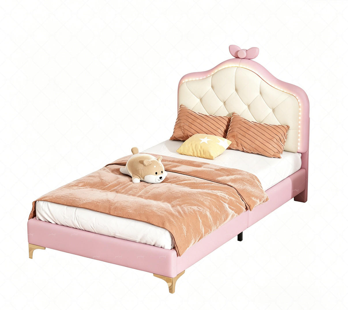 POLSTERBETT 90/200 cm mit LED-Beleuchtung, Wellen-Kopfteil und Schleife aus PU, Rosa/Weiß - Weiß, Kunststoff (90/200cm) - Redom