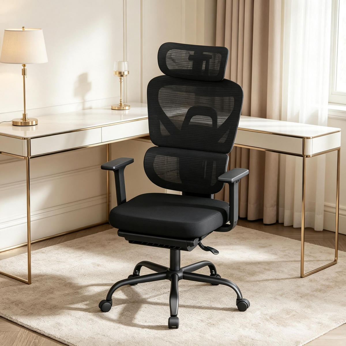 DREHSTUHL mit Fußstütze ergonomisch bis 150 kg belastbar - Schwarz, Leder (53/120/76cm) - Gisaae