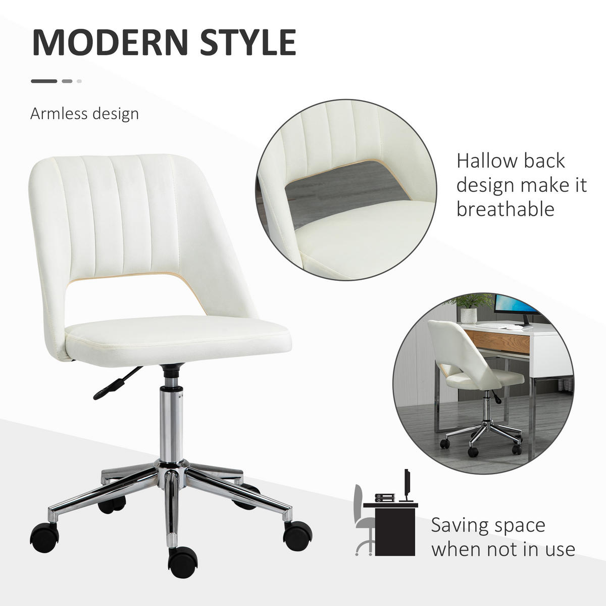 BÜROSTUHL Drehstuhl Jakobsmuschel-Form verstellbar Samtartiges Polyester - Chromfarben/Creme, Textil/Metall (60/91/49cm) - Vinsetto