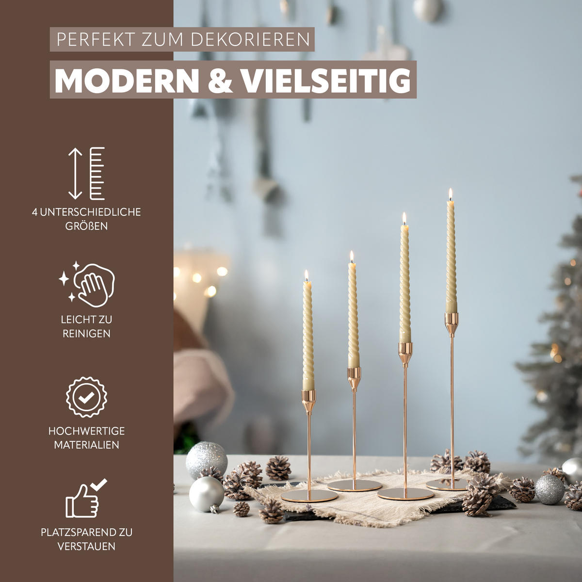 KERZENHALTER 4er-Set, Gold, Aluminium, Stahl - Roségold, Metall (10/32/10cm) - bremermann