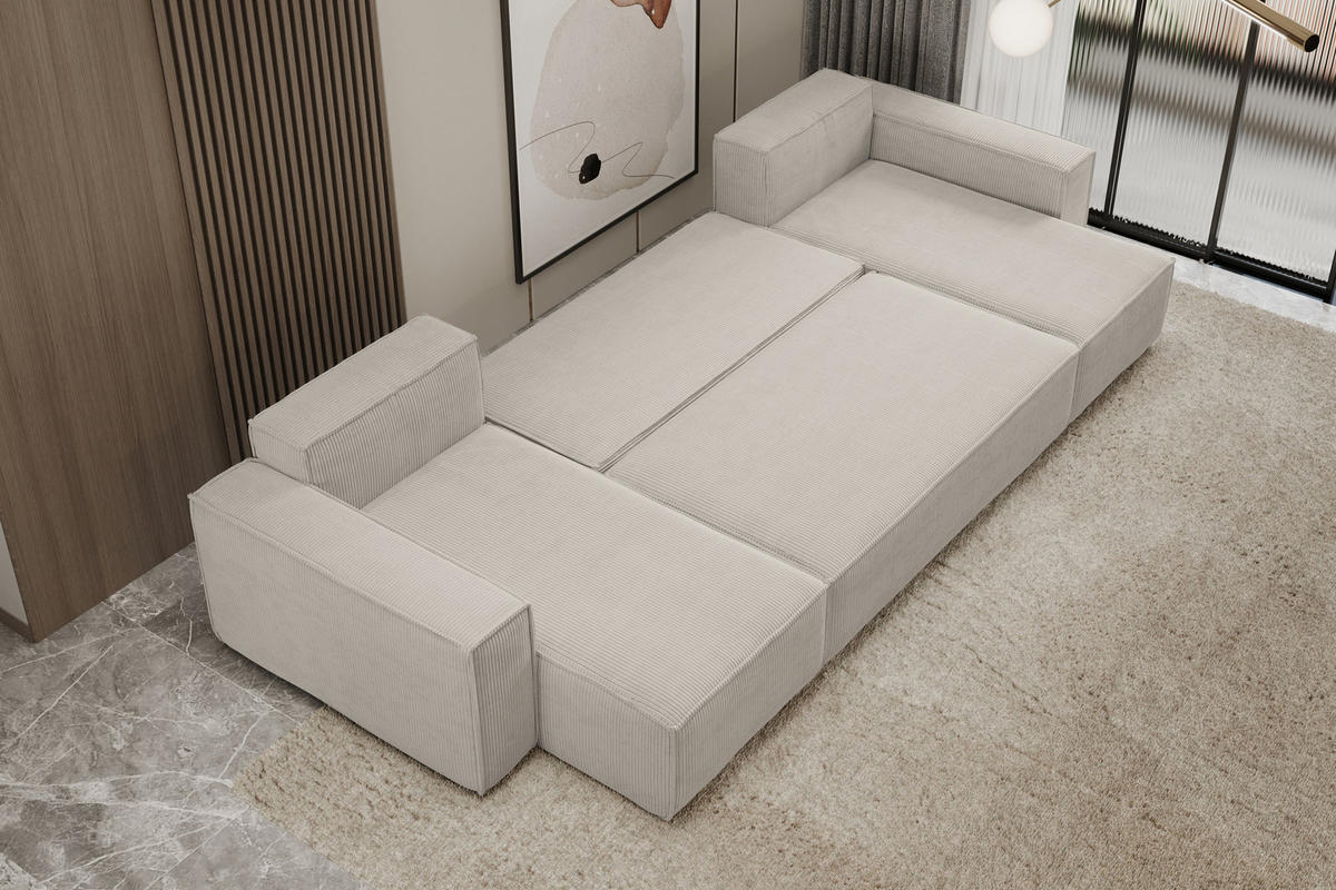 WOHNLANDSCHAFT Hugo U-Form Cordstoff mit Schlaffunktion und Bettkasten - Beige, Textil (312/83/142cm) - VENASI MÖBEL