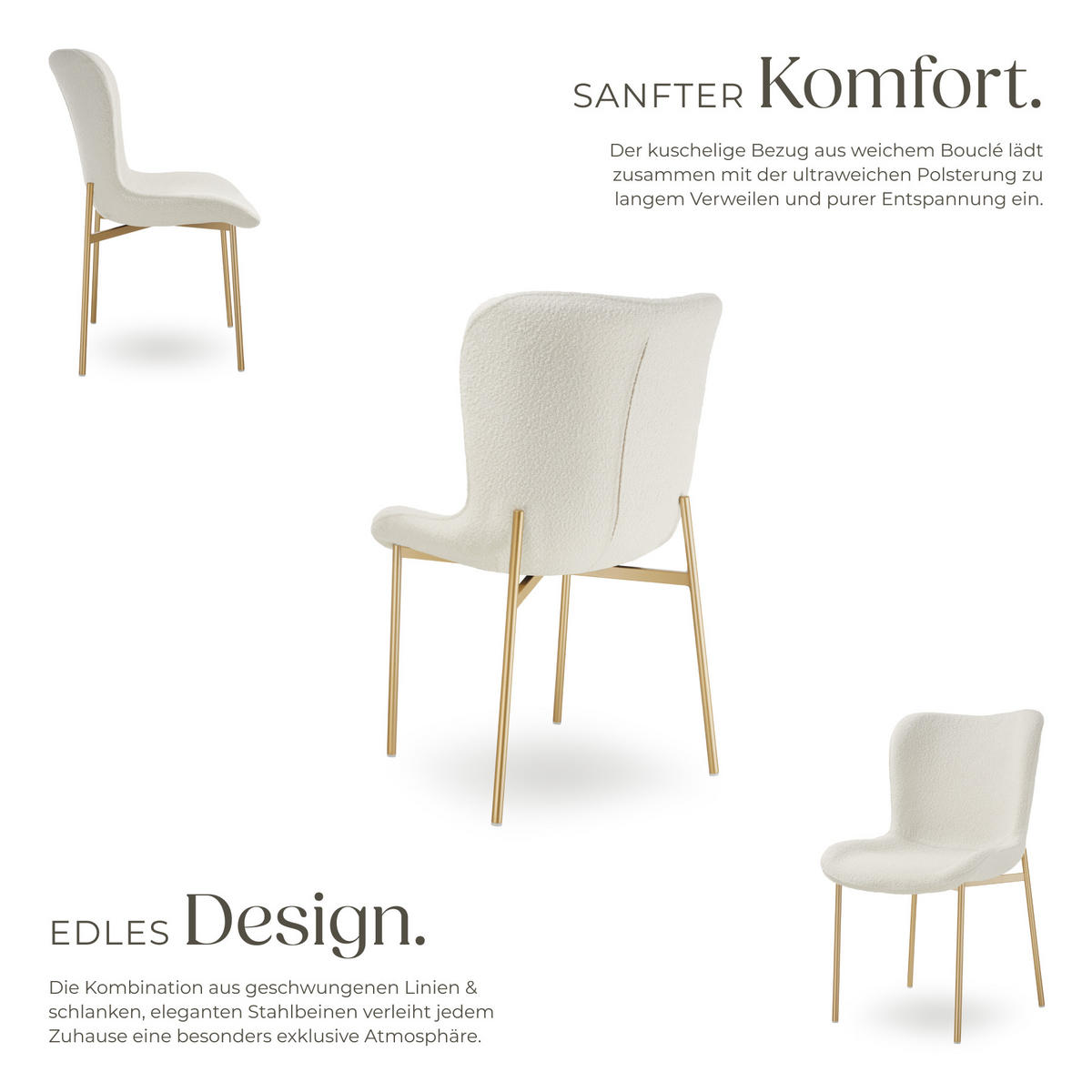 POLSTERSTUHL 4er Set Tessa 54 x 62 x 90 cm Bouclé weiß/gold - Goldfarben/Weiß, Kunststoff (54/90/62cm) - tectake