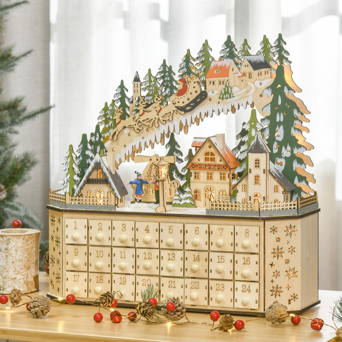ADVENTSKALENDER Weihnachtskalender 24 Schubladen mit LED-Lichtern MDF Naturholz - Naturfarben, Kunststoff (13/43/45cm) - HOMCOM