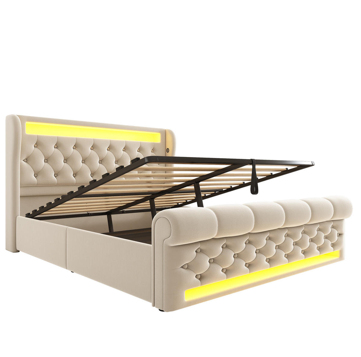 POLSTERBETT mit LED, Stauraum und Ladestation 140x200 cm Samt Beige inkl. Matratze - Beige, Metall (140/200cm) - Meubliv