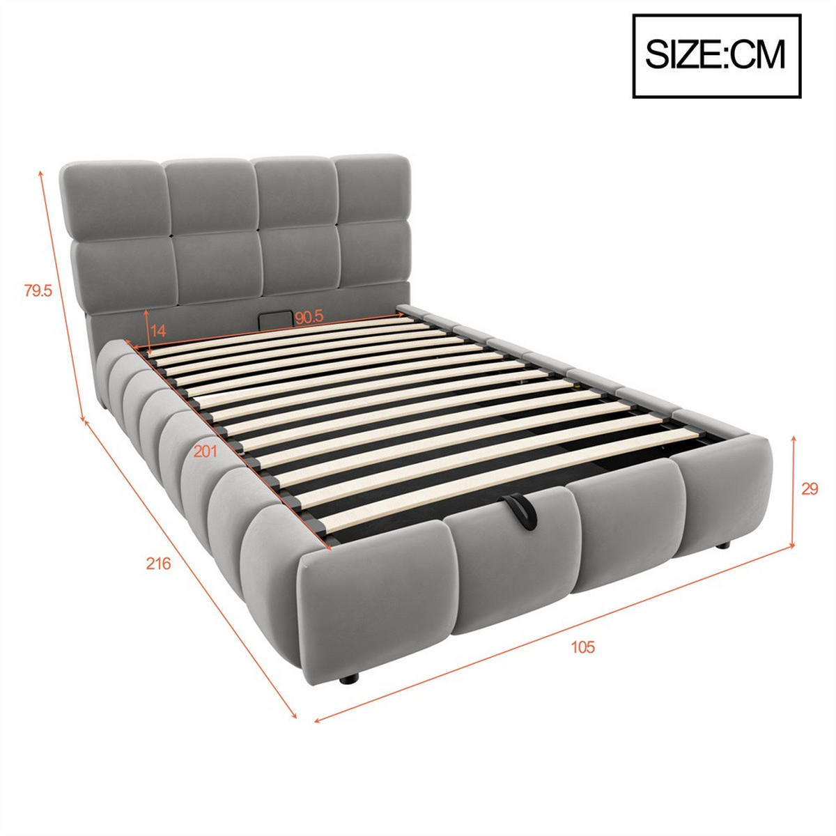 POLSTERBETT 90x200 cm mit LED Beleuchtung - hydraulischem Stauraum - Grau - Samt - ohne Matratze - Grau, Textil (90/200cm) - DELFA