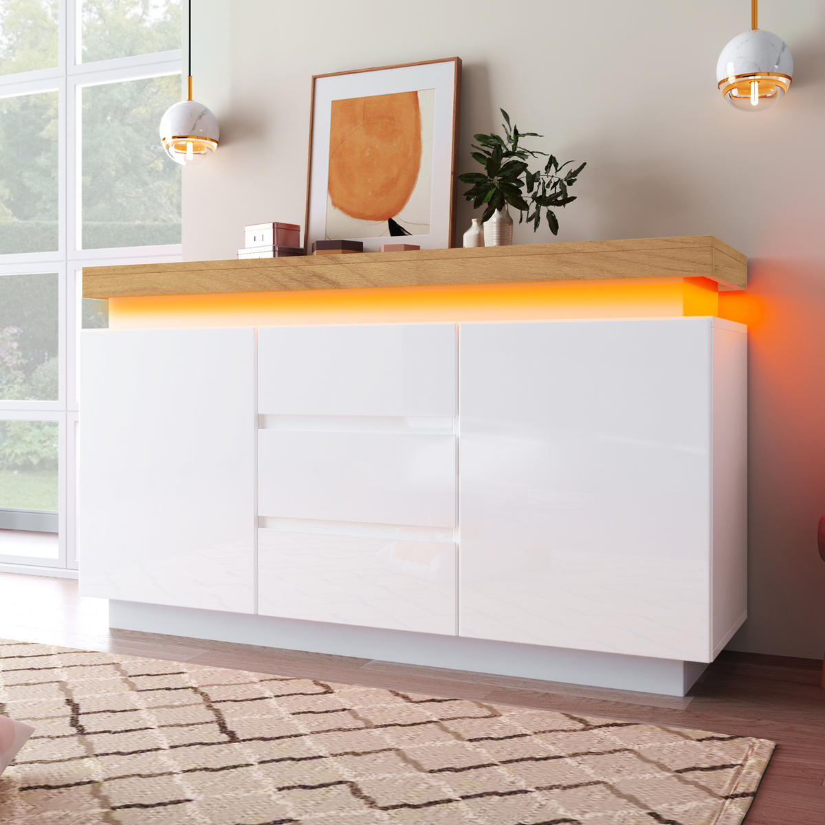 KOMODA 140 cm v beli visoki sijaj z LED-osvetlitvijo in 2 vrati - bela, leseni material (39/81/140cm) - OKMYHOME