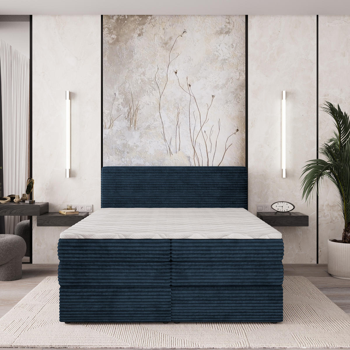 BOXSPRINGBETT LUNERA 160x200 cm mit Matratze und Topper - Blau - Blau, Holz (160/200cm) - MASSENO