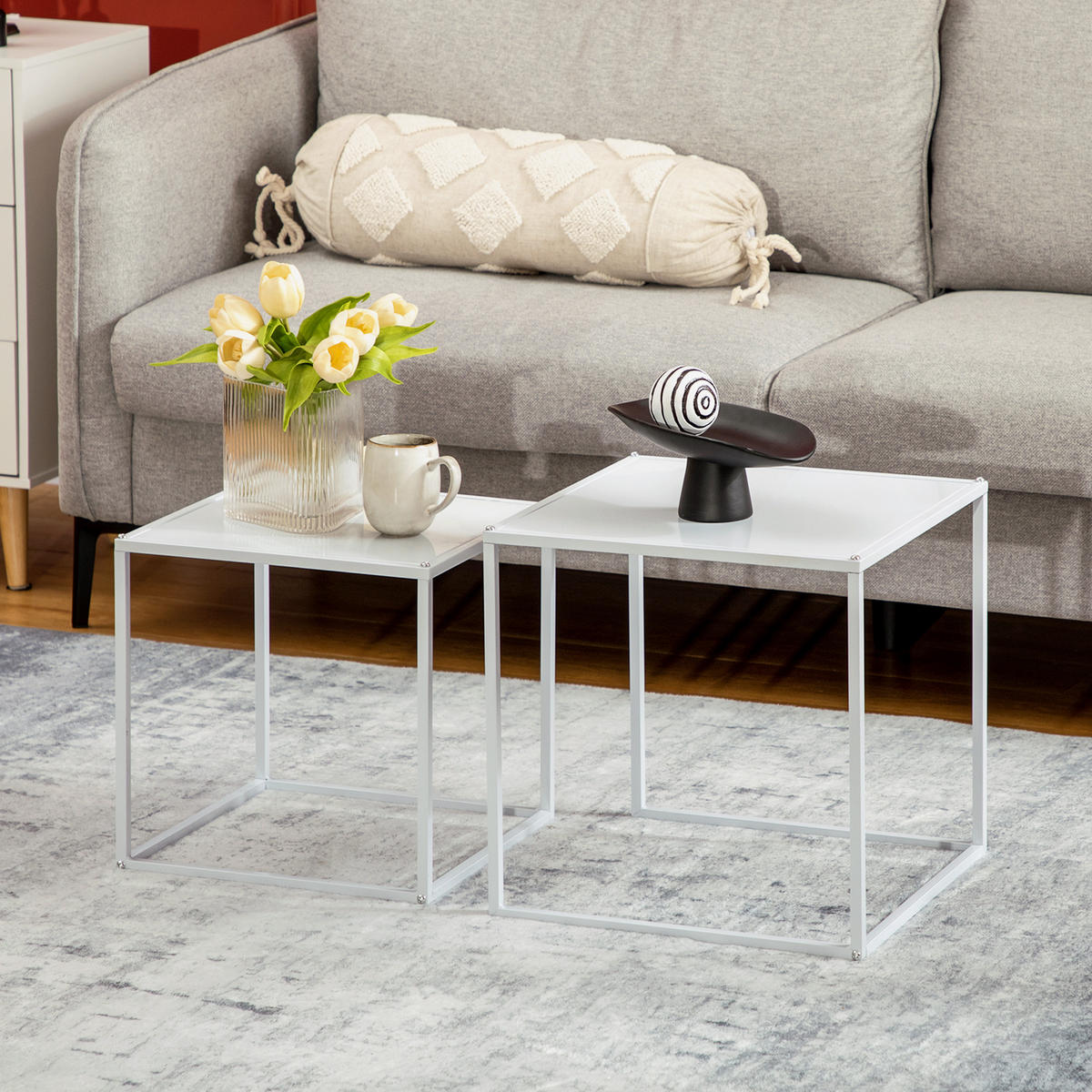 2ER-SET Couchtisch, Eckiger Beistelltisch, Kaffeetisch mit Stahlgestell Weiß - Weiß, Metall (40/40/40cm) - HOMCOM