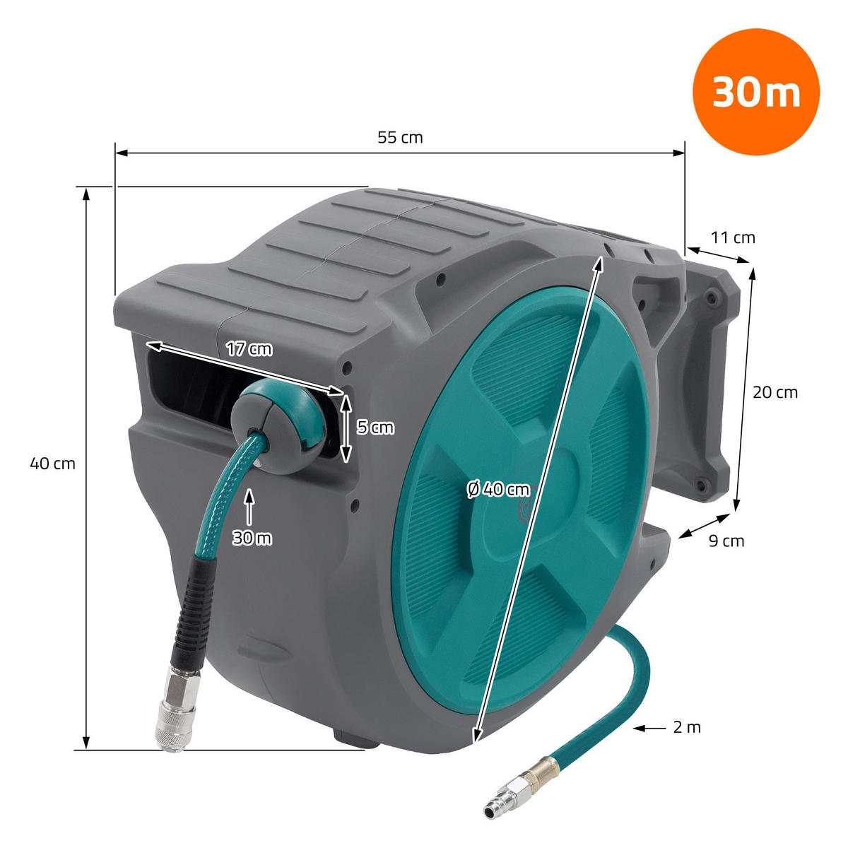 DRUCKLUFTSCHLAUCHTROMMEL 30m+2m - Grau, Kunststoff (20/40/55cm) - ECD-Germany