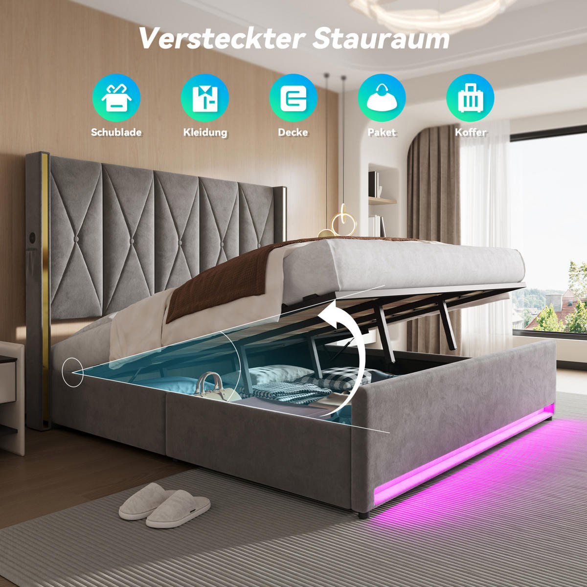 POLSTERBETT 180/200 cm mit LED-Beleuchtung, USB- und Type-C-Anschluss, Bettkasten und Seitentaschen, Dunkelgrau - Dunkelgrau, Textil (180/200cm) - Redom