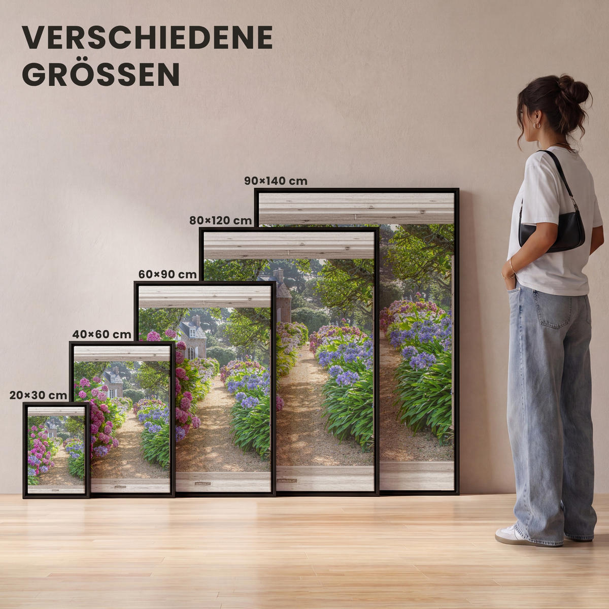 LEINWAND Bilder mit Rahmen - Hortensie - Durchsichtig - Blumen - Sommer - Lila - Weg - 80x120 - Lila, Textil (80/120cm) - MuchoWow