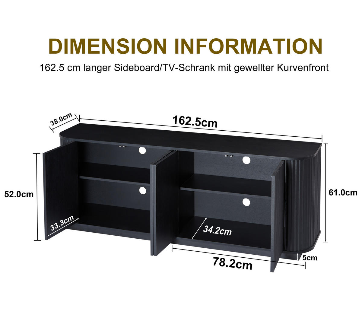 SIDEBOARD 162.5/38/61 cm Schwarz aus MDF mit Wellenmuster - Schwarz, Metall (38/61/162.5cm) - OKMYHOME