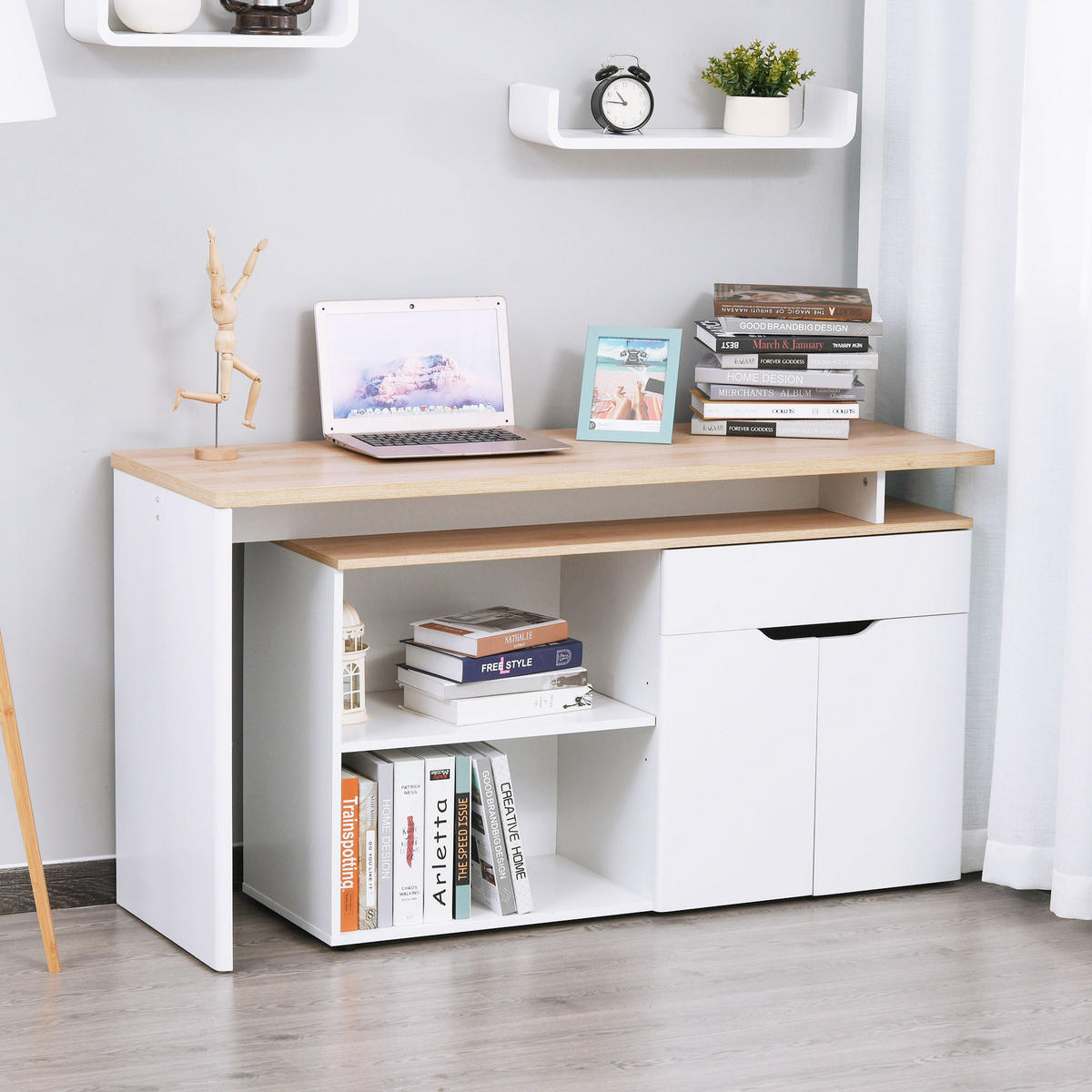 ECKSCHREIBTISCH Weiß und Holzoptik modulbar mit Schublade und Schrank 140/117/76 cm - Weiß, Holz (117/140/76cm) - PANGIVO