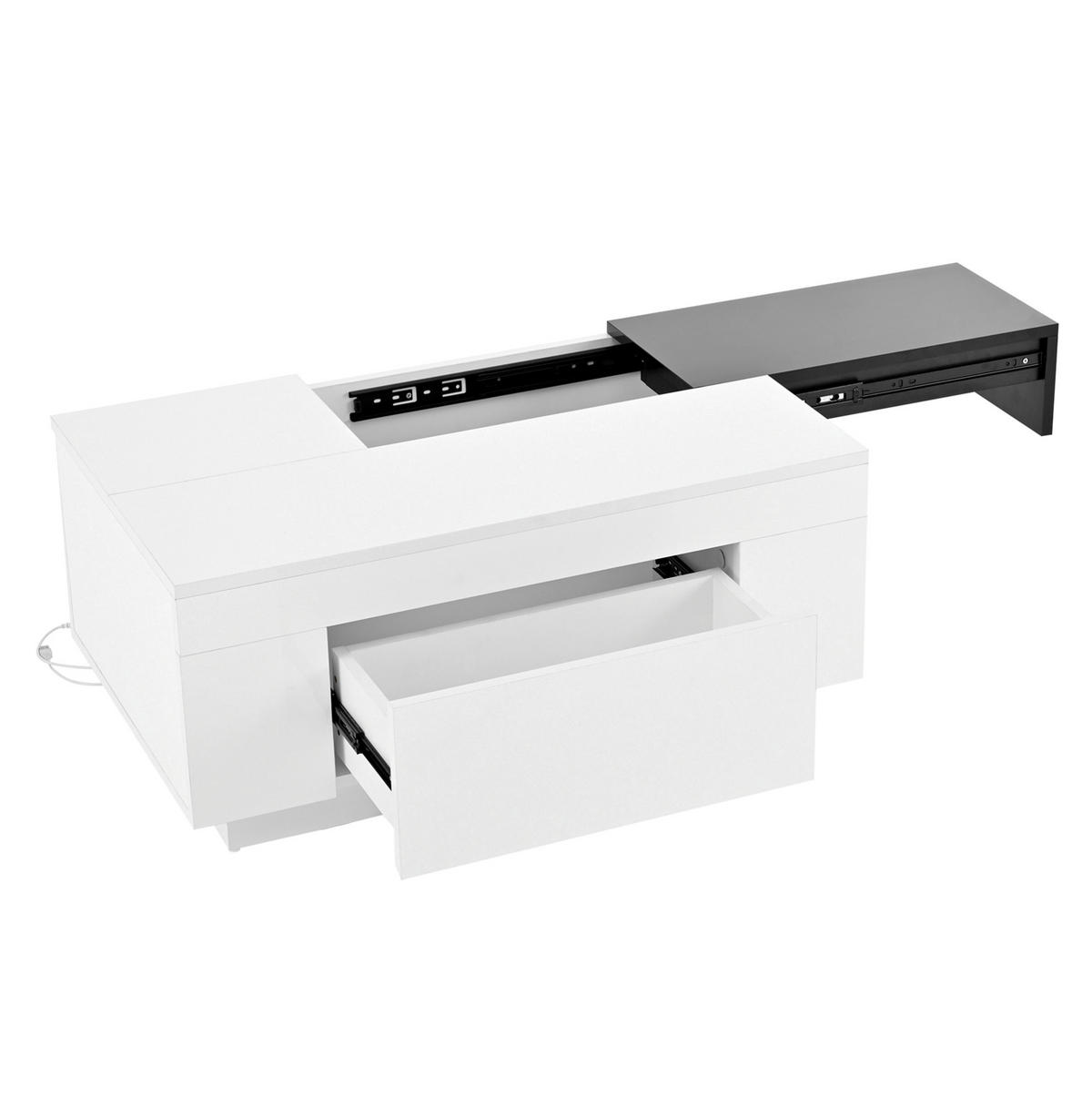 COUCHTISCH 80/50/35,5 cm mit LED-Beleuchtung, ausziehbarer Tischplatte, Schublade und Hochglanz-MDF, Schwarz/Weiß - Weiß, Holzwerkstoff (80/50/35.5cm) - Redom