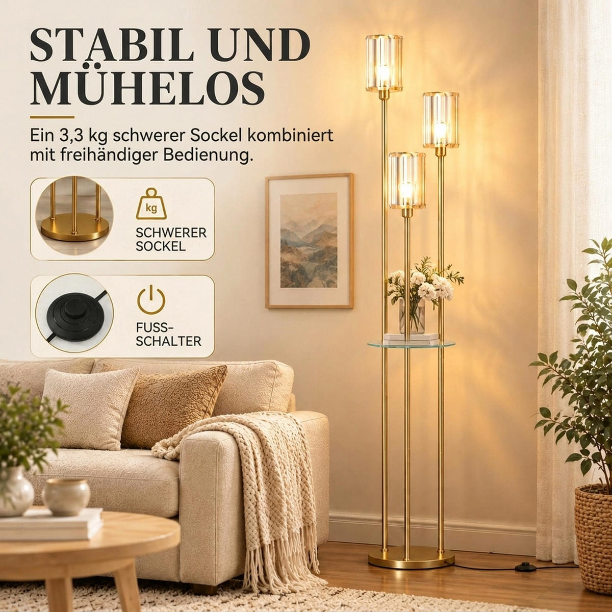 STEHLAMPE Stahl Glas Goldfarben - Goldfarben, Metall (32/32/177cm) - HOMCOM