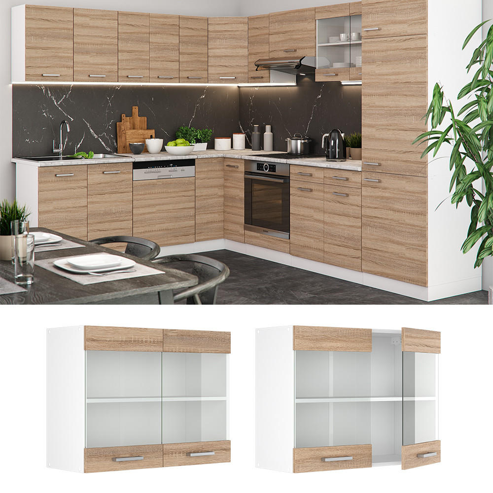 KÜCHENGLASSCHRANK R-Line Sonoma 80 cm - Weiß/Sonoma Eiche, Holzwerkstoff (80/60/31cm) - Vicco