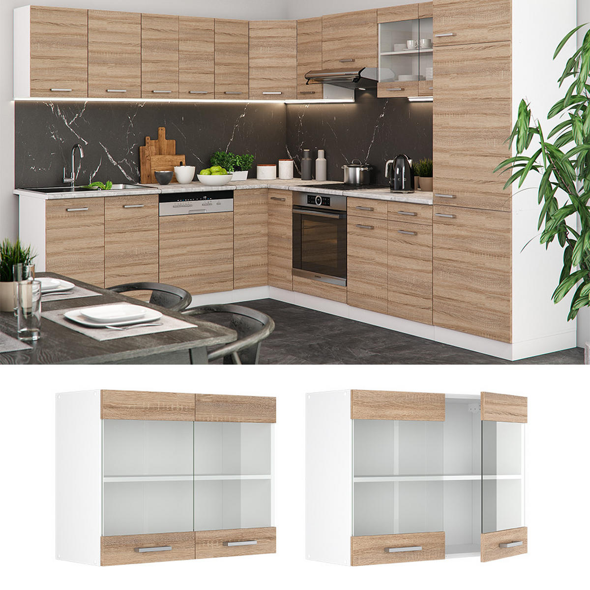 KÜCHENGLASSCHRANK R-Line Sonoma 80 cm - Weiß/Sonoma Eiche, Holzwerkstoff (80/60/31cm) - Vicco