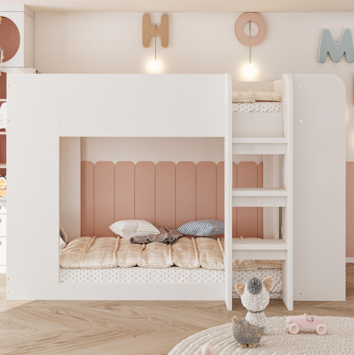 ETAGENBETT aus Sperrholz und MDF 90x200 cm Weiß mit Sicherheitsgitter, Leiter und Ablagefächern - Weiß, Holzwerkstoff (90/200cm) - Modfu