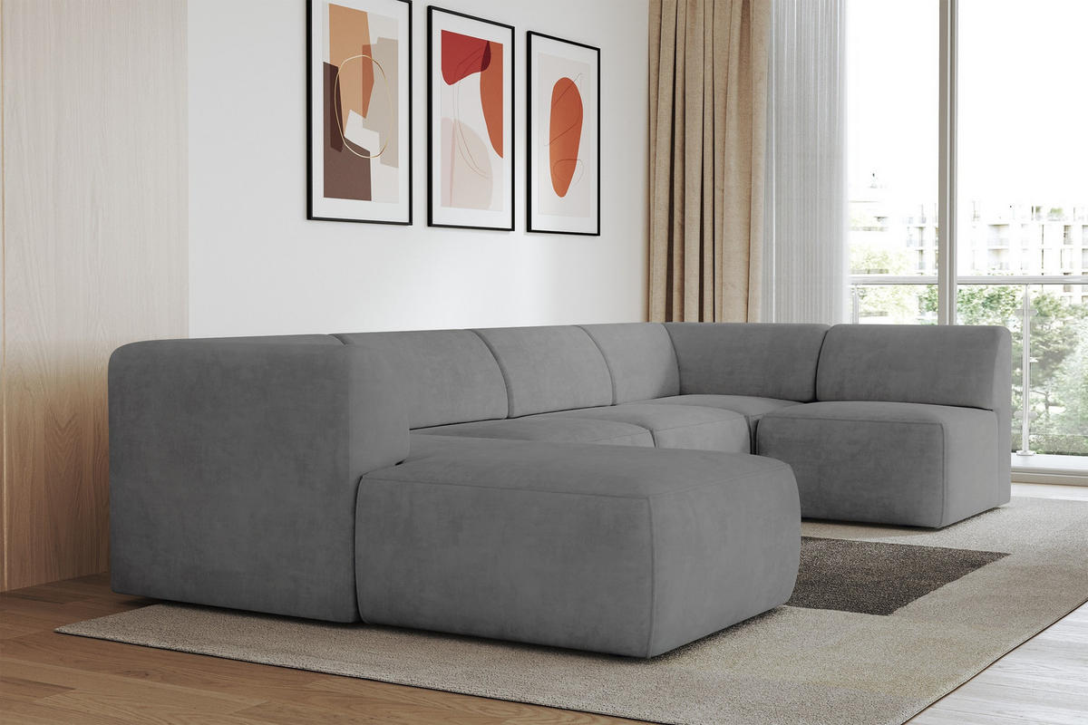 WOHNLANDSCHAFT Ottomane Links MOVA 345x180x78 Grau Samt - Taupe/Schwarz, Holzwerkstoff/Kunststoff (180/78/345cm) - ALTDECOR