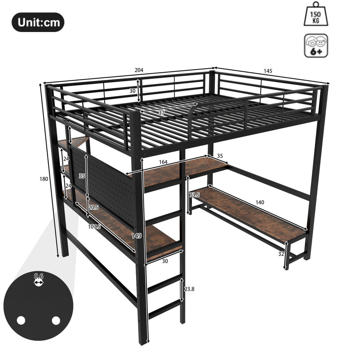 HOCHBETT 140/200 cm aus Metall mit Schreibtisch, LED-Leiste, Schwarz - Schwarz, Metall (140/200cm) - OKMYHOME