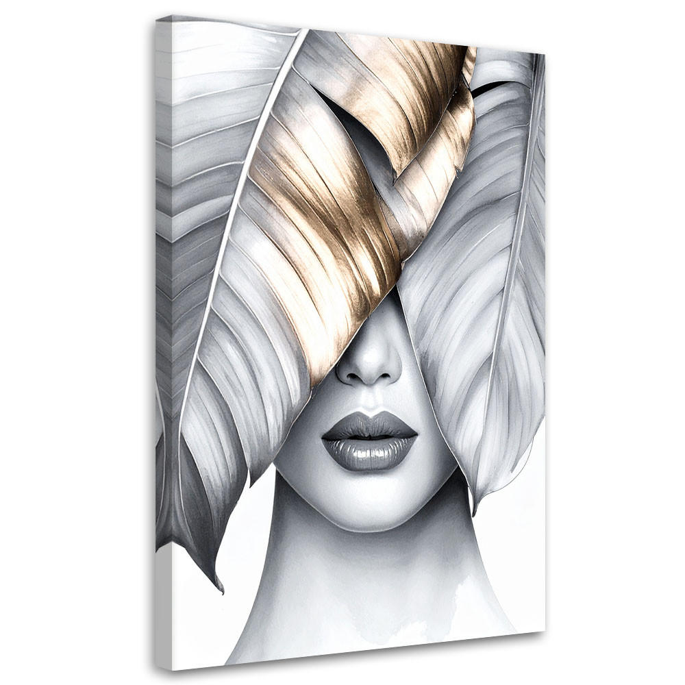 LEINWANDBILD Frau und silberne und goldene Bananenblätter 60x90cm - Grau, Textil (60/90cm) - Feeby