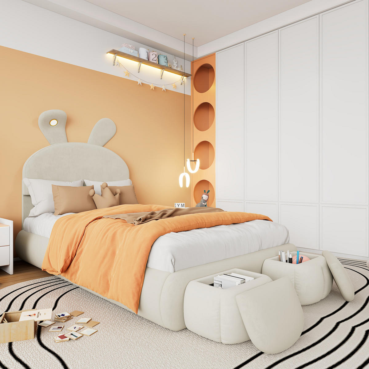 POLSTERBETT 90/200 cm aus Samt mit LED-Hasenohren und 2 Aufbewahrungshockern Beige - Beige, Textil (90/200cm) - Modenvie