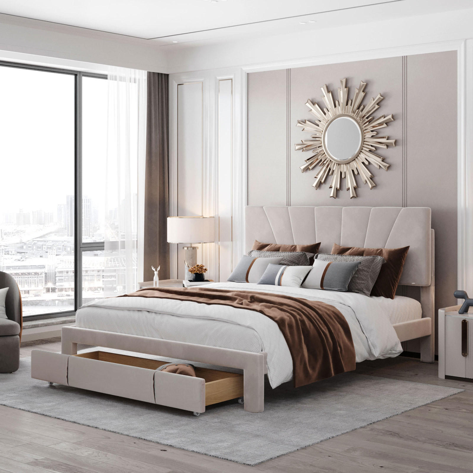 POLSTERBETT 140x200 cm, Beige, großer Schublade, Samt - Beige, Textil/Metall (140/200cm)