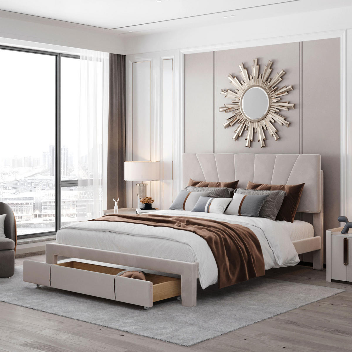 POLSTERBETT 140x200 cm, Beige, großer Schublade, Samt - Beige, Textil/Metall (140/200cm)