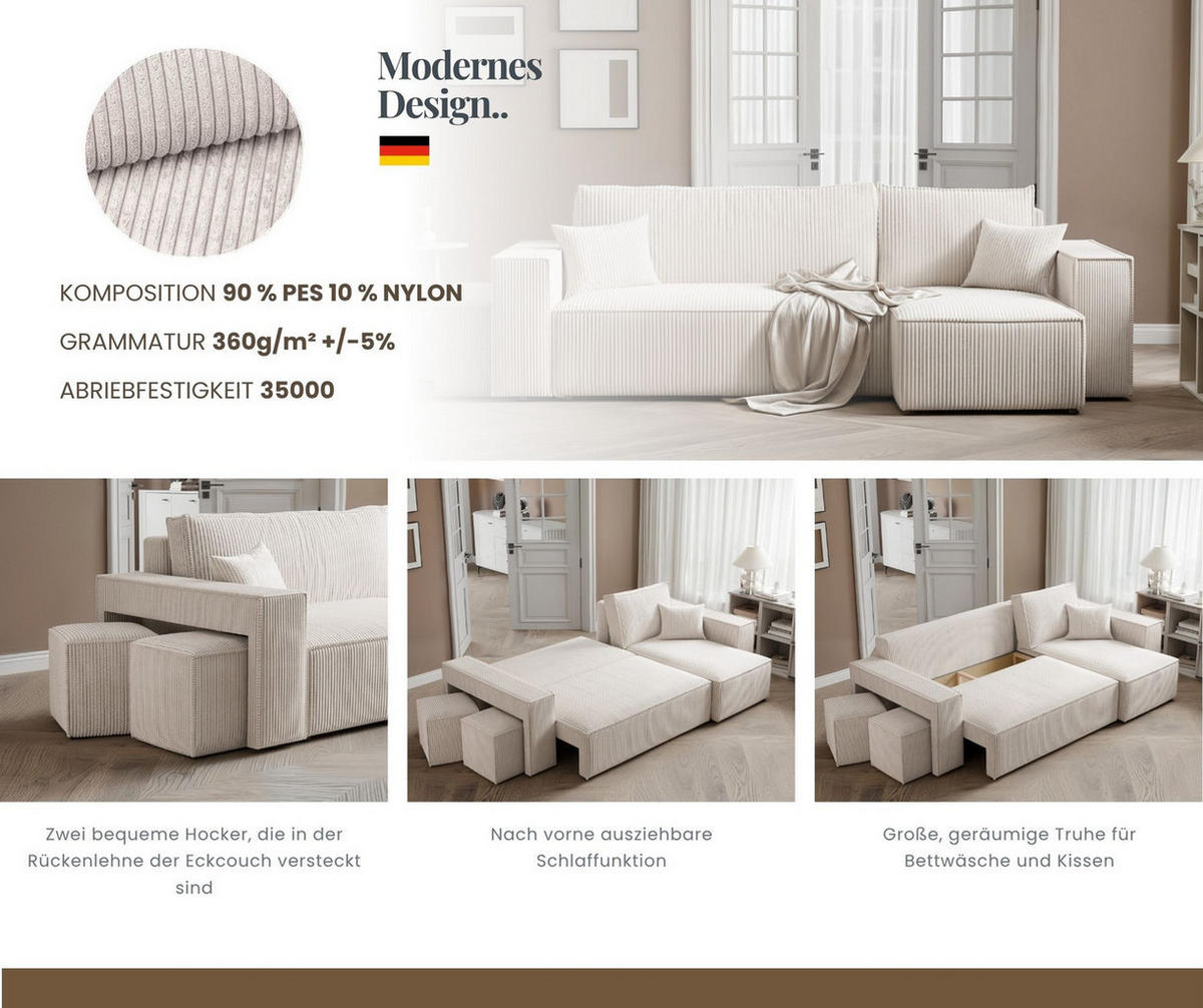 ECKSOFA PARIS mit Schlaffunktion und Bettkasten Creme - Ecru, Holzwerkstoff/Kunststoff (262/145cm) - Idohome