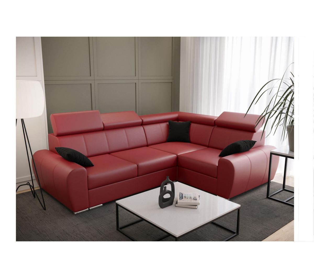 ECKSOFA APOLLO KN08, Eckcouch in L-Form mit Schlaffunktion, Farbe: Rot, Kunstleder, Ottomane Rechts - Rot, Textil (255/190cm) - O-Sofa