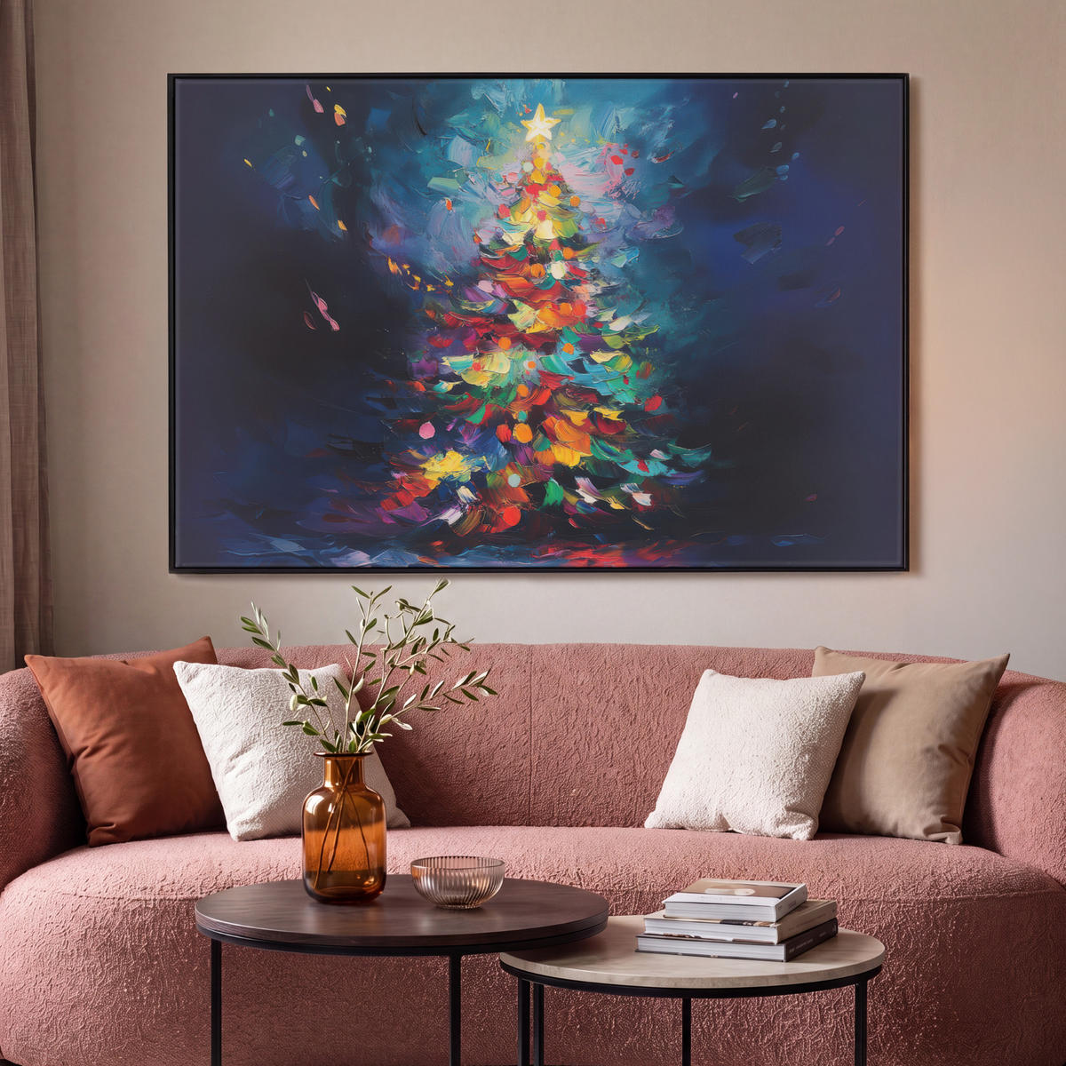 LEINWAND Bilder mit Rahmen - Weihnachtsbaum - Weihnachten - Abstrakt - Farbenfroh - 150x100 - Multicolor, Textil (150/100cm) - MuchoWow