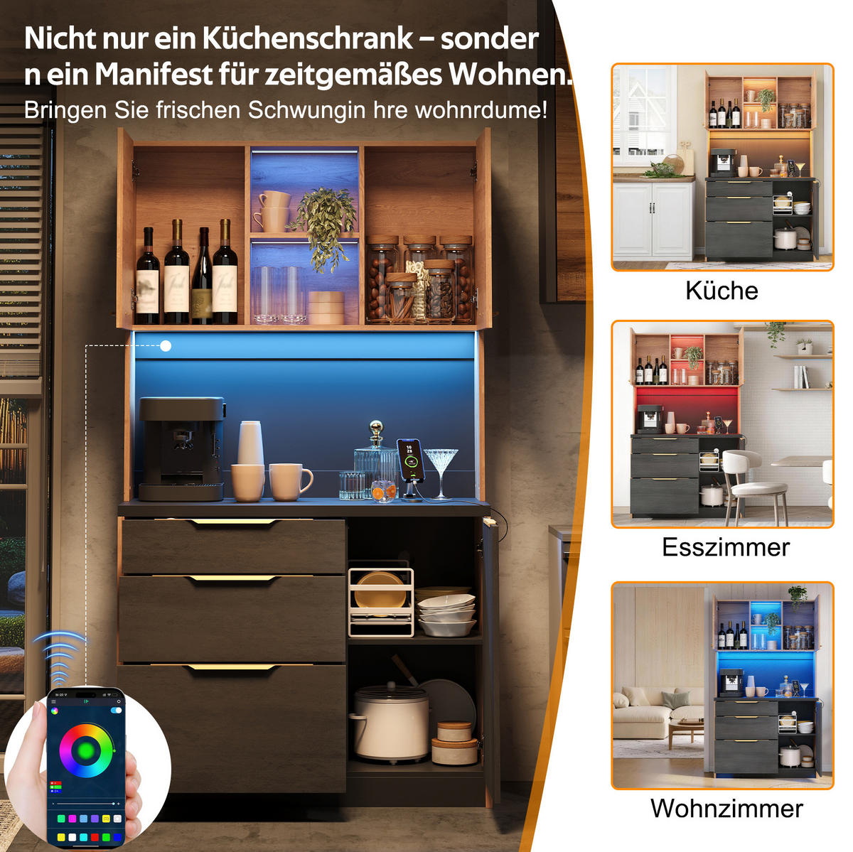 BUFFET aus MDF 100x40x180 cm Neutral mit LED-Beleuchtung, Steckdose und viel Stauraum - Naturfarben, Holzwerkstoff (100/180/40cm) - Modfu