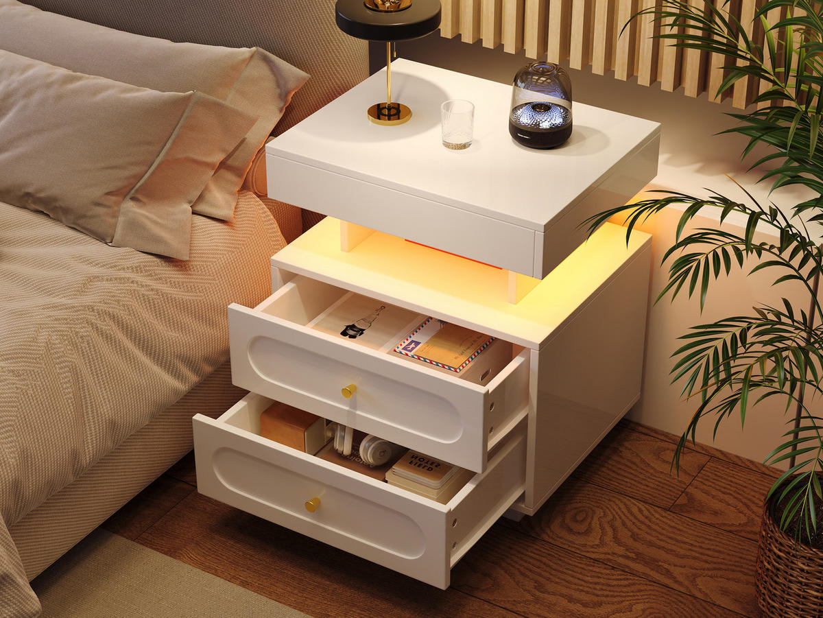 NACHTTISCH Weiß mit LED-Beleuchtung 50/40/60 cm - Weiß, Holz (50/60/40cm) - PANGIVO