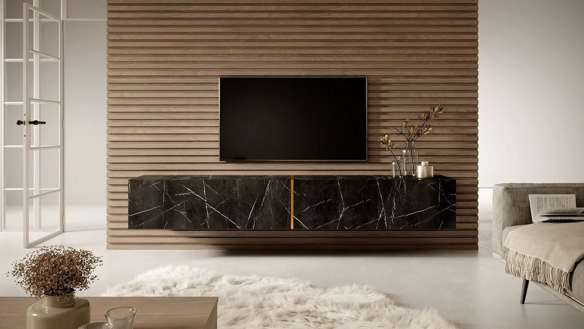 TV-LOWBOARD Bisira Schwarze Marmoroptik / Gold 200/30/32 cm - Schwarz, Holzwerkstoff (200/30/31.6cm) - Selsey