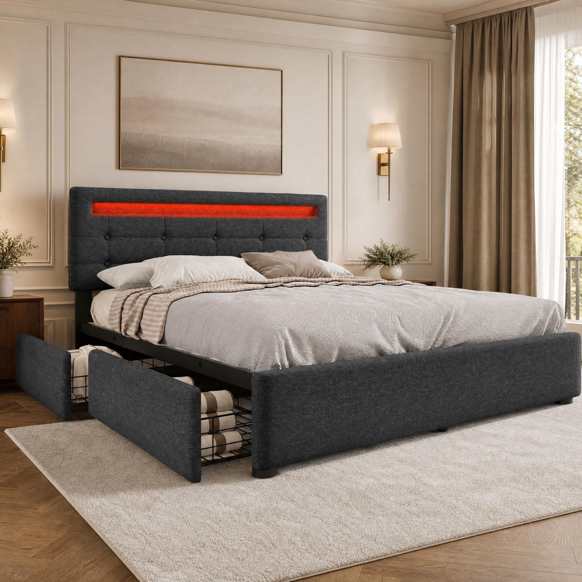 POLSTERBETT 140/200 mit Bettkasten, LED und Matratze in Grau - Grau, Holzwerkstoff/Textil (140/200cm) - EVRYAE