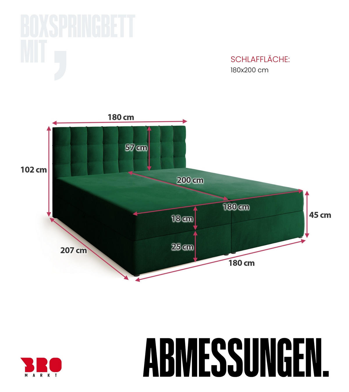 BOXBETT Detroit mit Topper 180/200 Grün - Grün, Holzwerkstoff/Textil (180/200cm) - Bromarkt