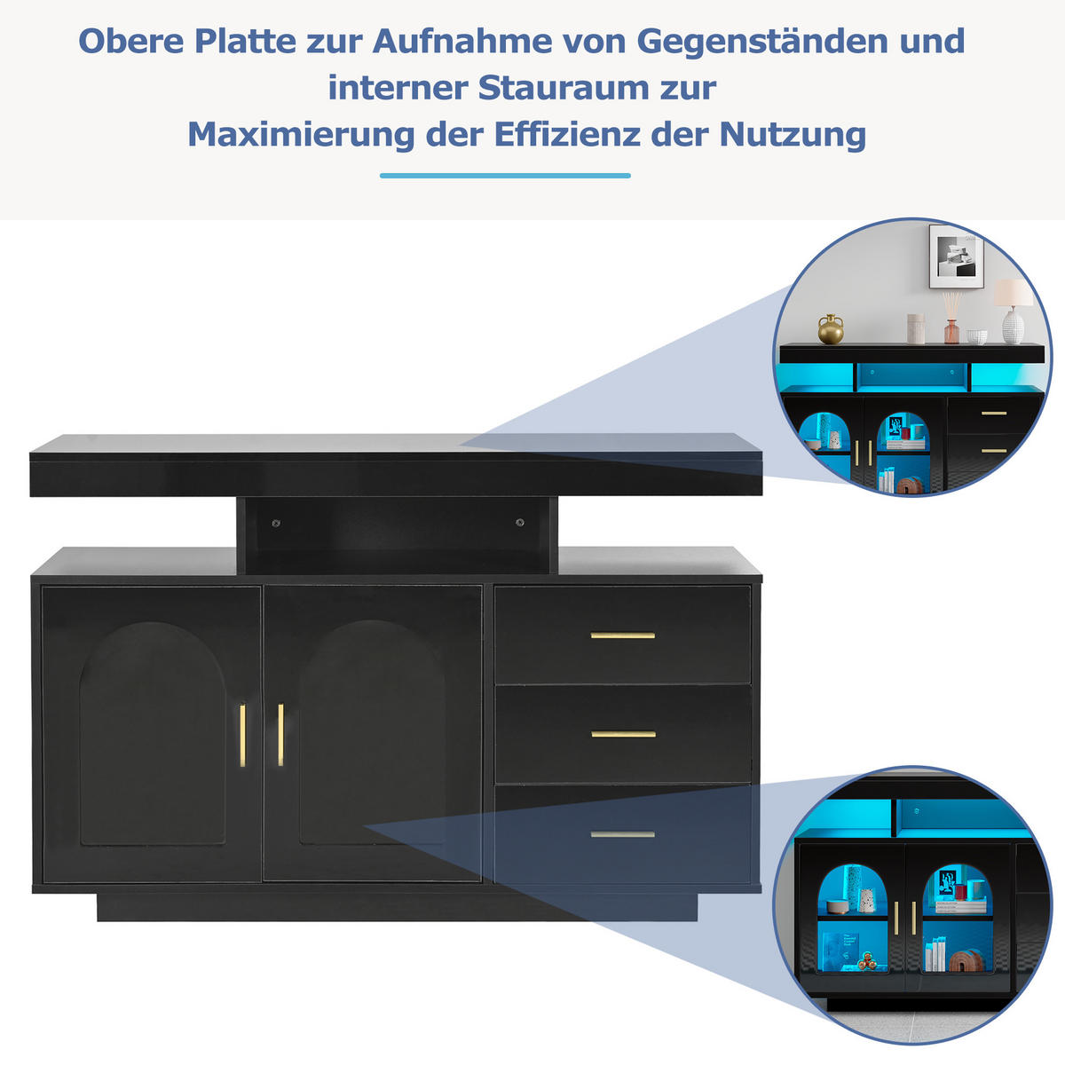 SIDEBOARD LED Schwarz 120cm 16 Farben Hochglanz Stauraum - Schwarz, Holzwerkstoff (40/80/120cm) - FLIEKS