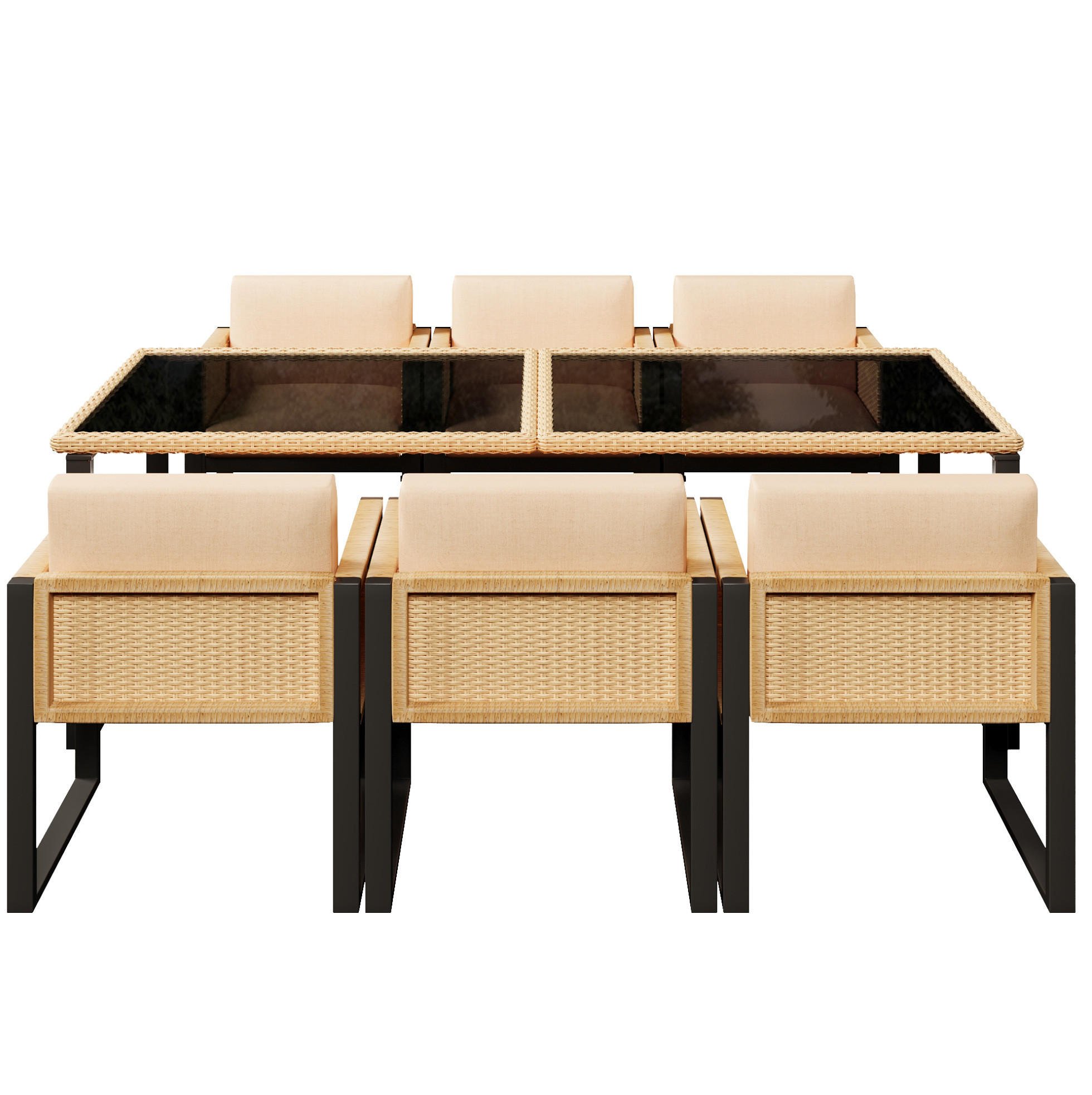 OKWISH ZAHRADNÍ jídelní set 170/80/75 cm černá a hnědá z ratanu a látky pro 6 osob s polstry