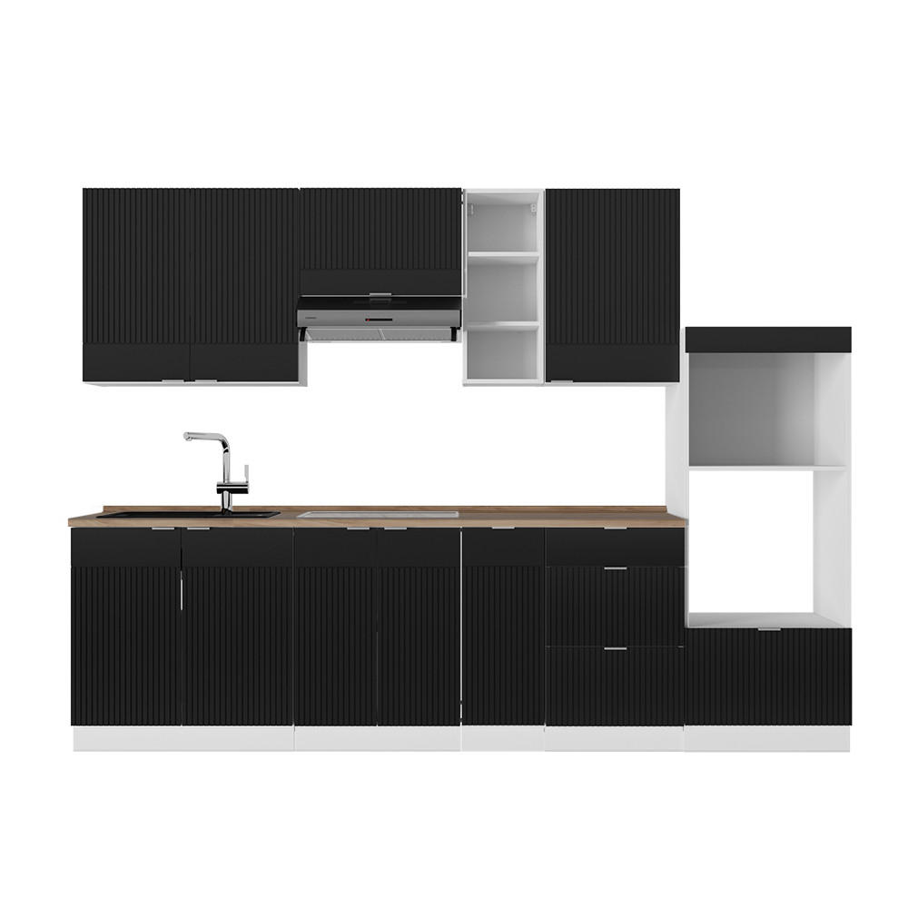 KÜCHENZEILE Fame-Line, Schwarz gestreift/Weiß, 280 cm, AP Eiche - Schwarz/Weiß, Holzwerkstoff (280/81.6/60cm) - Vicco