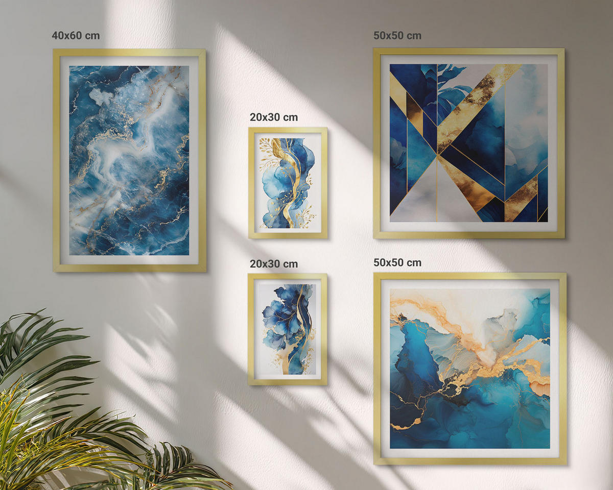 BILDER SET 5er Set - 50x50 cm & 20x30 cm & 40x60 cm Goldrahmen - Blaue abstrakte Muster - Goldfarben, Kunststoff (40/60cm) - TULUP