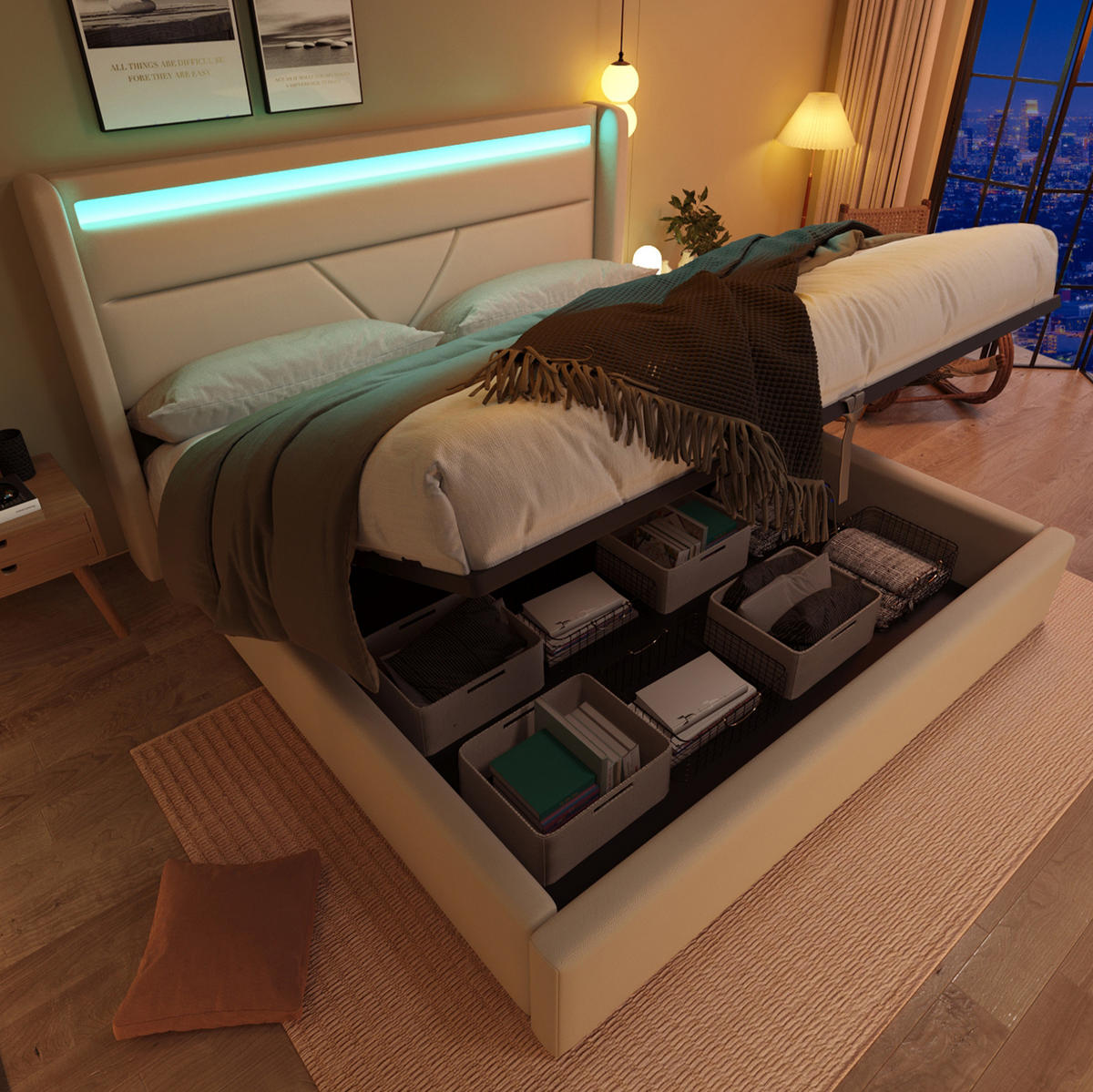 BETT mit LED und Bettkasten 160x200 cm PU Weiß - Weiß, Metall (160/200cm) - Meubliv