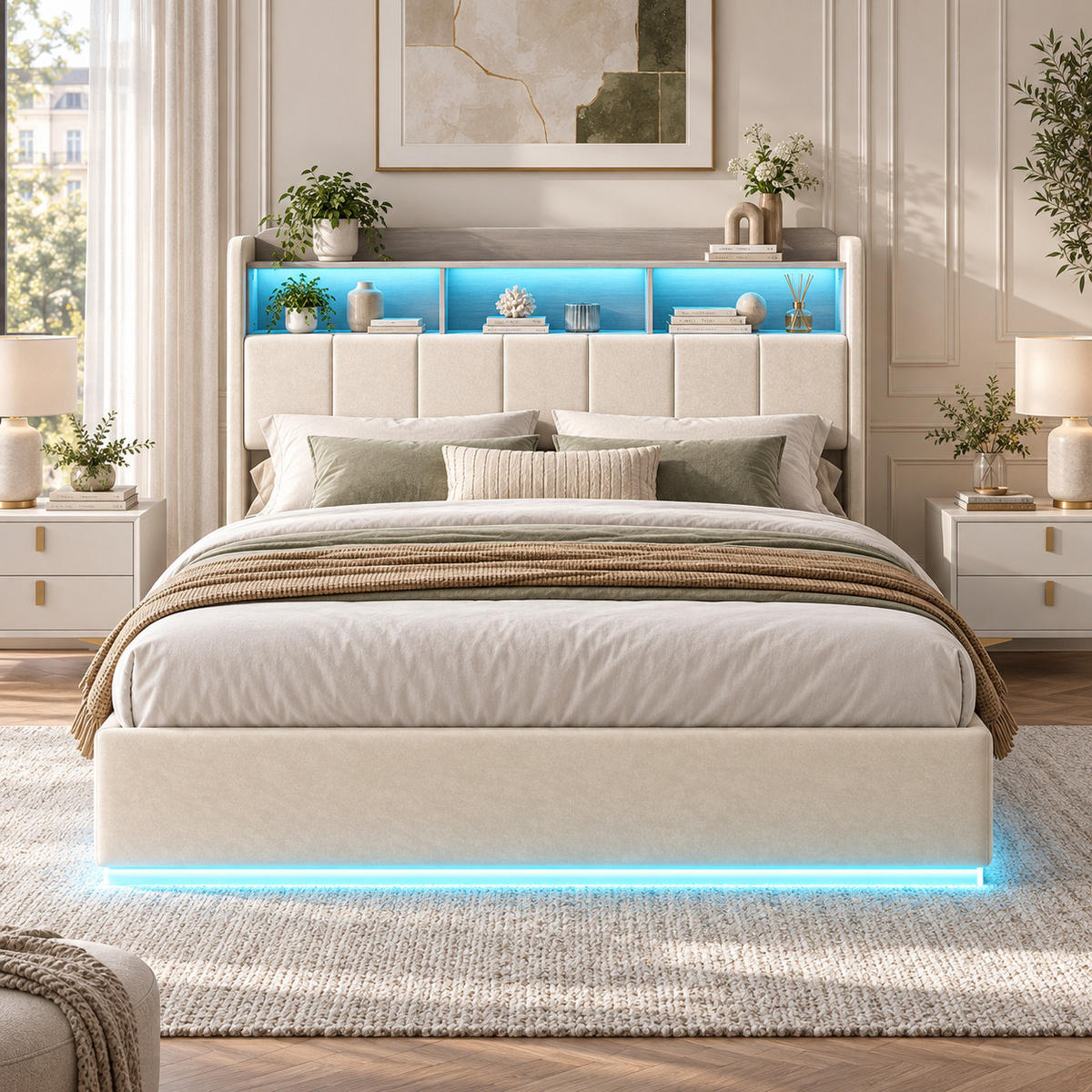 POLSTERBETT 140/190 cm mit beleuchteten Ablagefächern am Kopfteil, USB-Anschluss, Sockel-LED-Beleuchtung & Stauraumbettkasten mit Hydraulik - Beige, Holz/Metall (140/190cm) - Joyfair