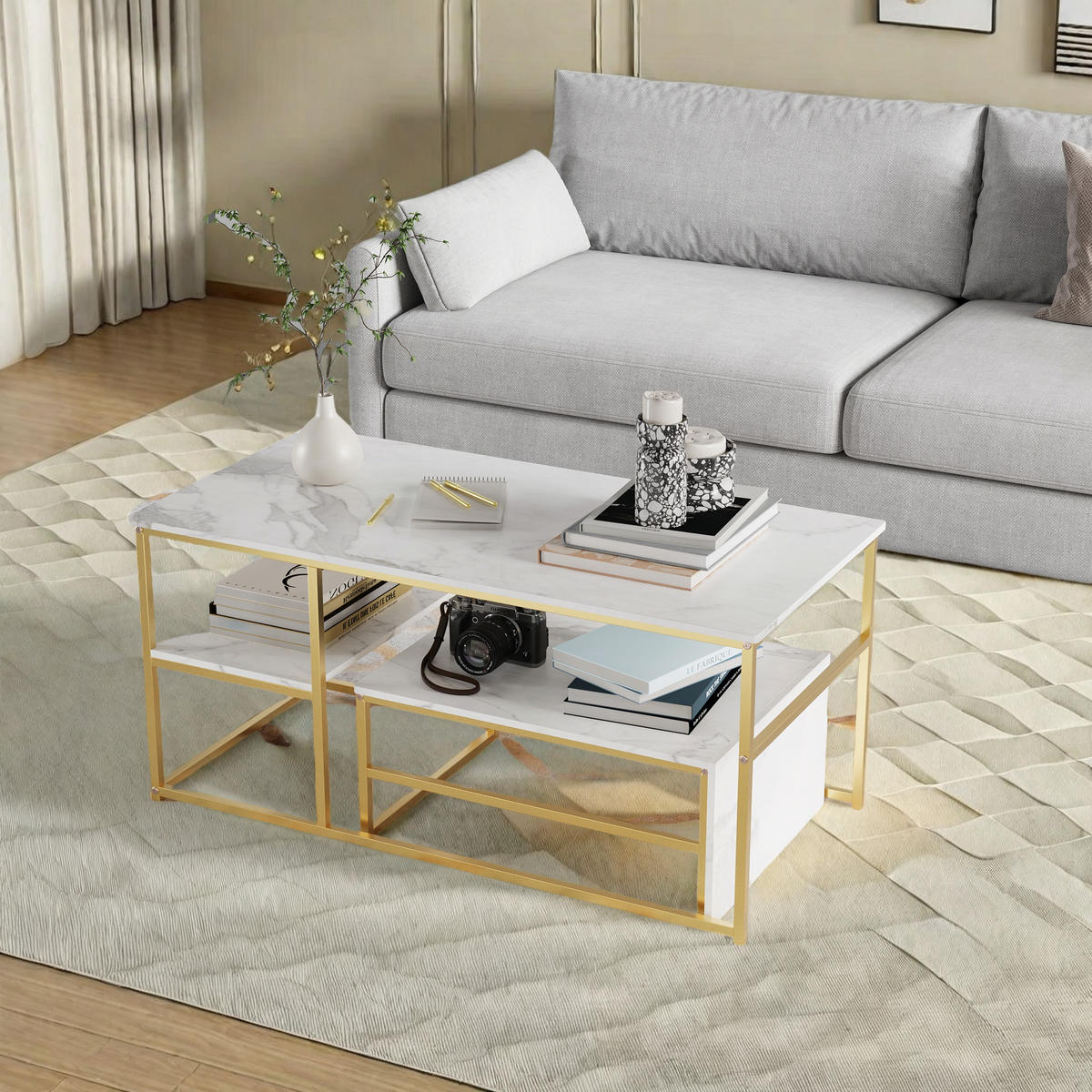 COUCHTISCH-SET Marmoroptik Weiß, Metallgestell Gold, 2er Set - Weiß, Metall (105/52/48.5cm) - SHOPENTRA