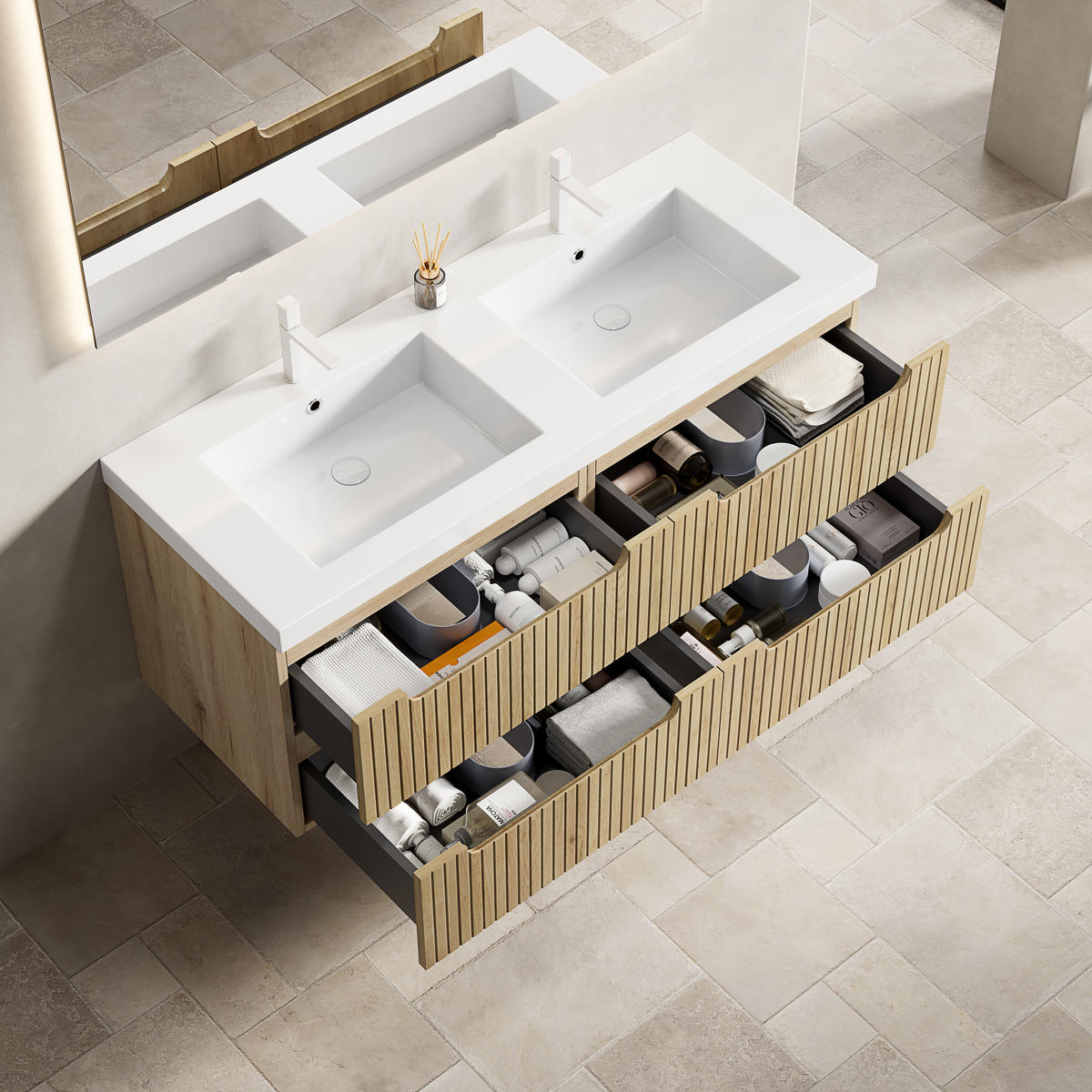 WASCHTISCHKOMBI 120x46x53cm Weiß/Weißeiche mit Kunststeinbecken & 4 Schubladen - Eichefarben, Kunststoff (120/53/46cm) - Modfu